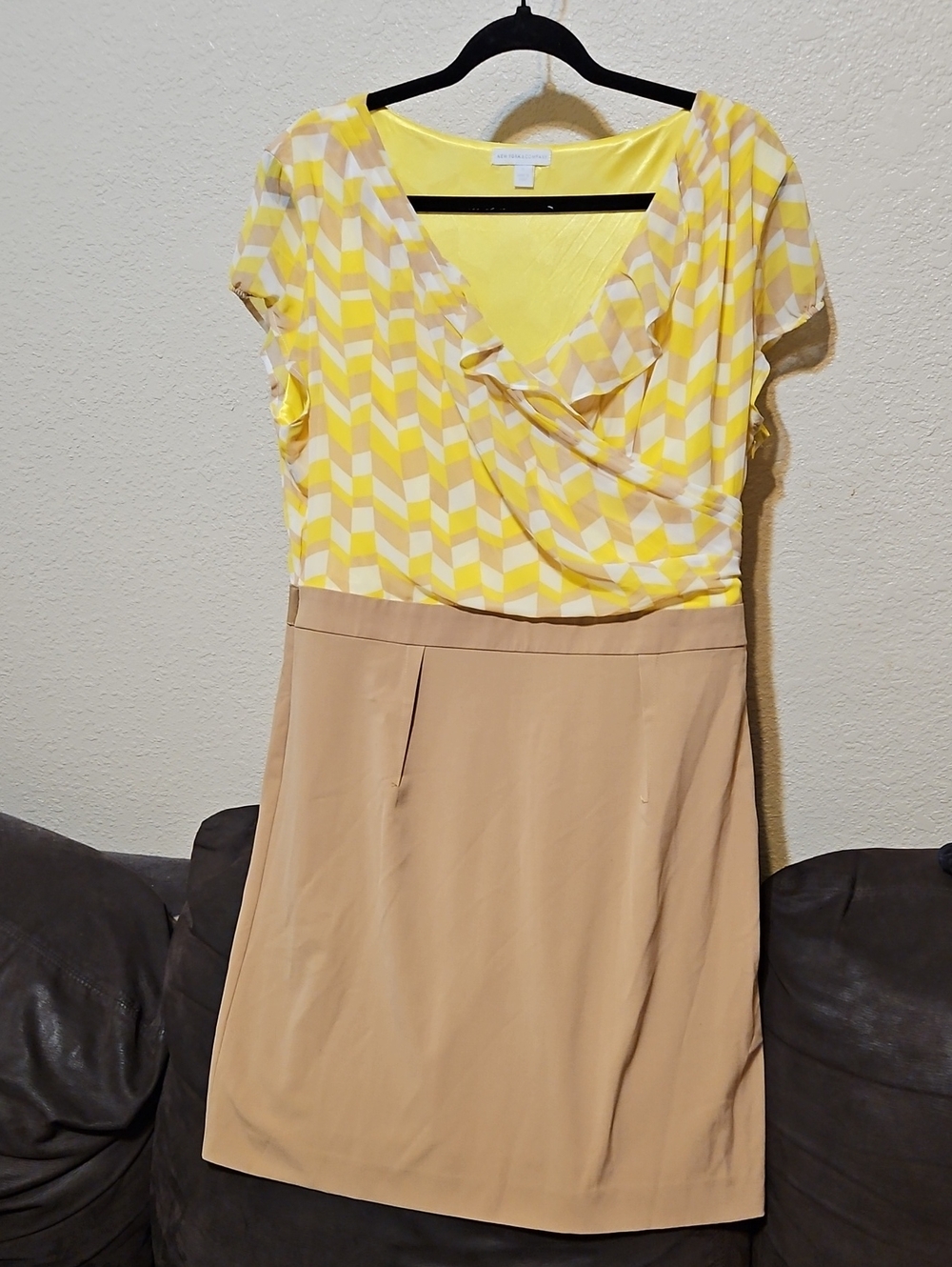 New York & Company Yellow Chevron Top with Tan Pencil Skirt